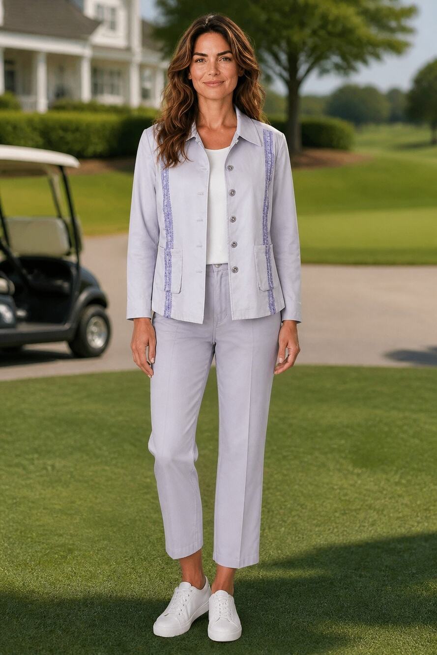 St. John Sport Lavender Cotton 2 Pc Jacket & Ankle Capri Pants Suit Small / 8